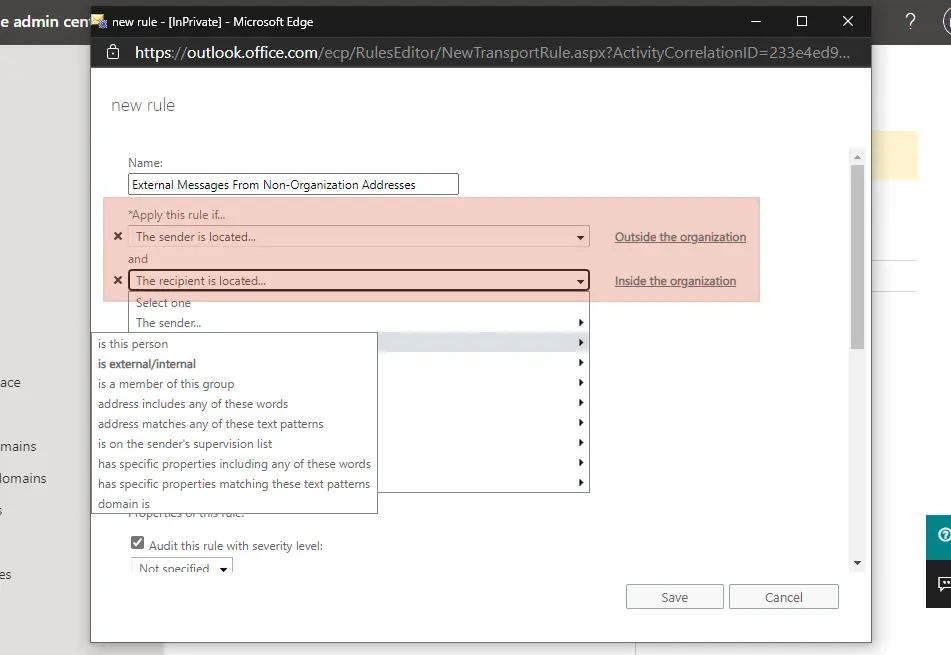 Set the sender to be located outside the organization while the recipient should be inside the organization.

