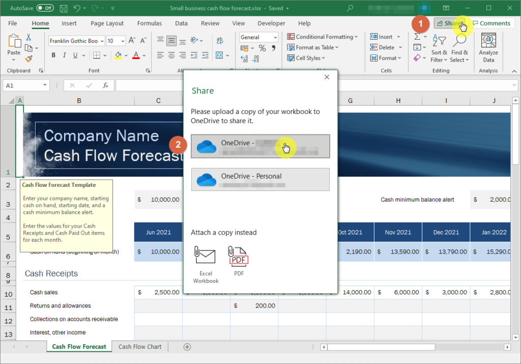 The share button is found on the upper-right corner of the Excel application.