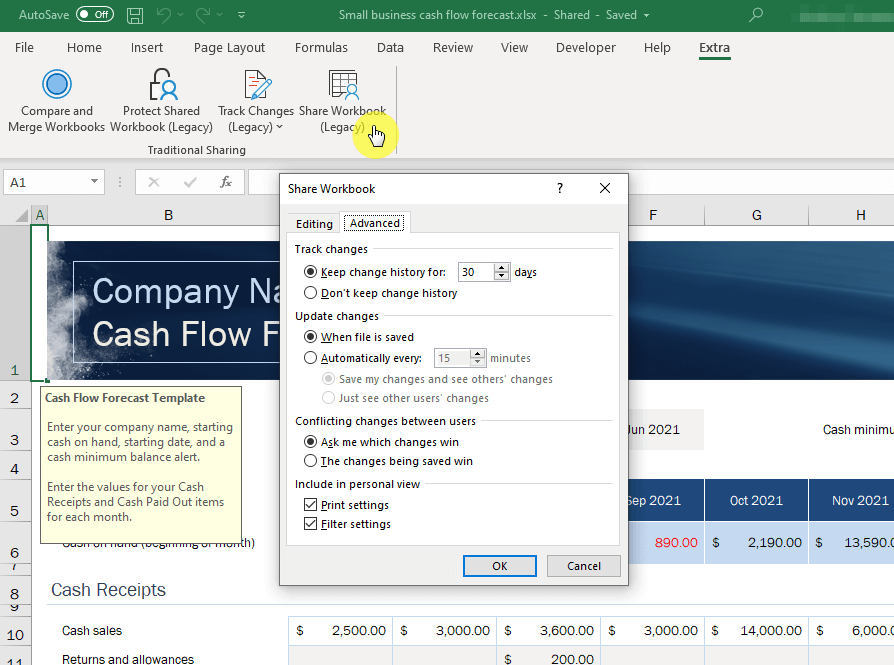 Make sure the share workbook command has the right settings.