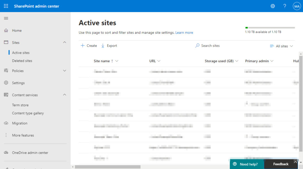 Screenshot of the SharePoint admin center showing the Active sites page, listing site names, URLs, storage used, and primary admin details; navigation menu on the left and a feedback button at the bottom right.