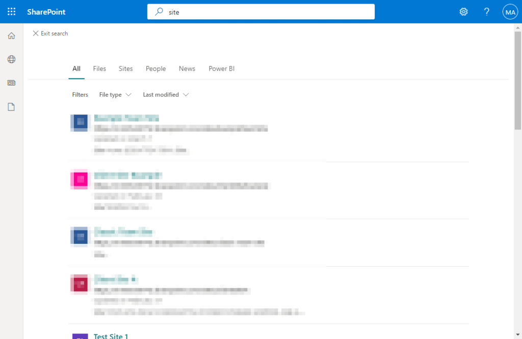 A SharePoint search results page shows a search bar with “site” entered, several search filter options, and a list of results. The first visible site result is titled Test Site 1 and is highlighted in blue.