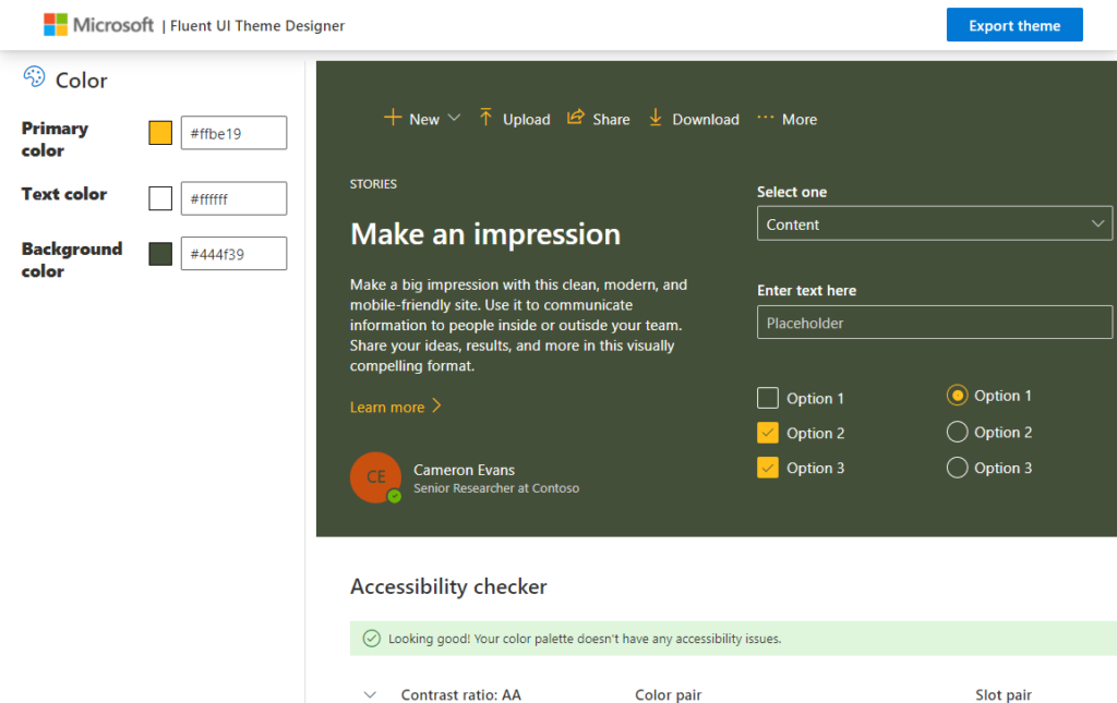 A screenshot of Microsoft Fluent UI Theme Designer showing color options, an example story card with text and checkboxes, and a green Accessibility checker indicating no issues with the color palette.
