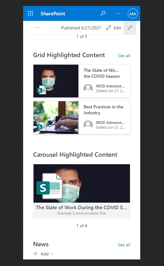 Images in the highlighted content web part follow the 16:9 aspect ratio whether on desktop or on mobile