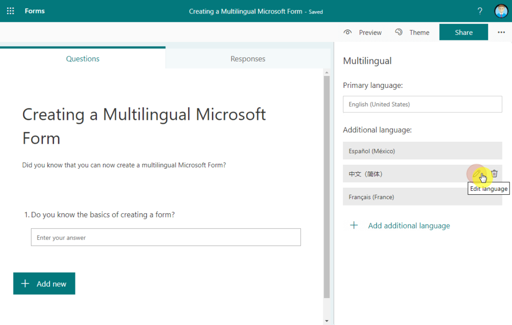 Once you hover your mouse over the additional languages, you will see an edit icon which you can click.
