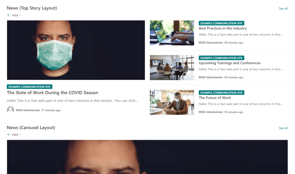 Featured images in the news web part follow the 21:9 ratio except for the side stories in the top story layout which follows 16:9