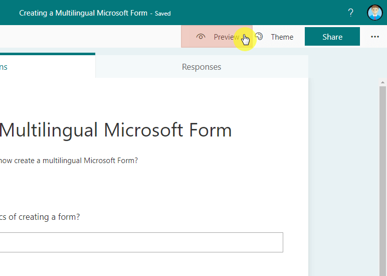 You can find the preview button at the upper-right corner of the screen alongside the ellipsis button you clicked earlier to change the multilingual settings.
