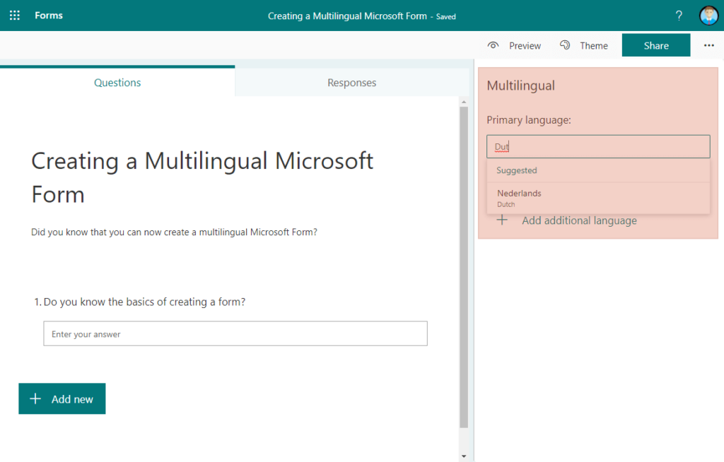 The multilingual settings will open at the right side and you can then change the primary language by directly typing out your preferred language.

