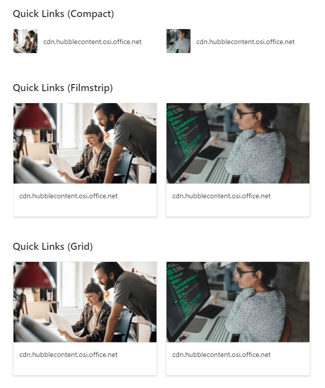 In the quick links web part, images on the compact layout follows the 1:1 aspect ratio while those in the filmstrip and grid layouts use the 16:9 aspect ratio