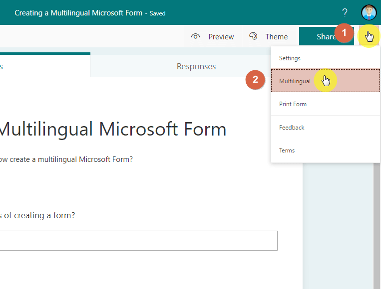 The ellipsis is found on the upper-right corner of the screen with the multilingual setting as the second option on the drop-down.
