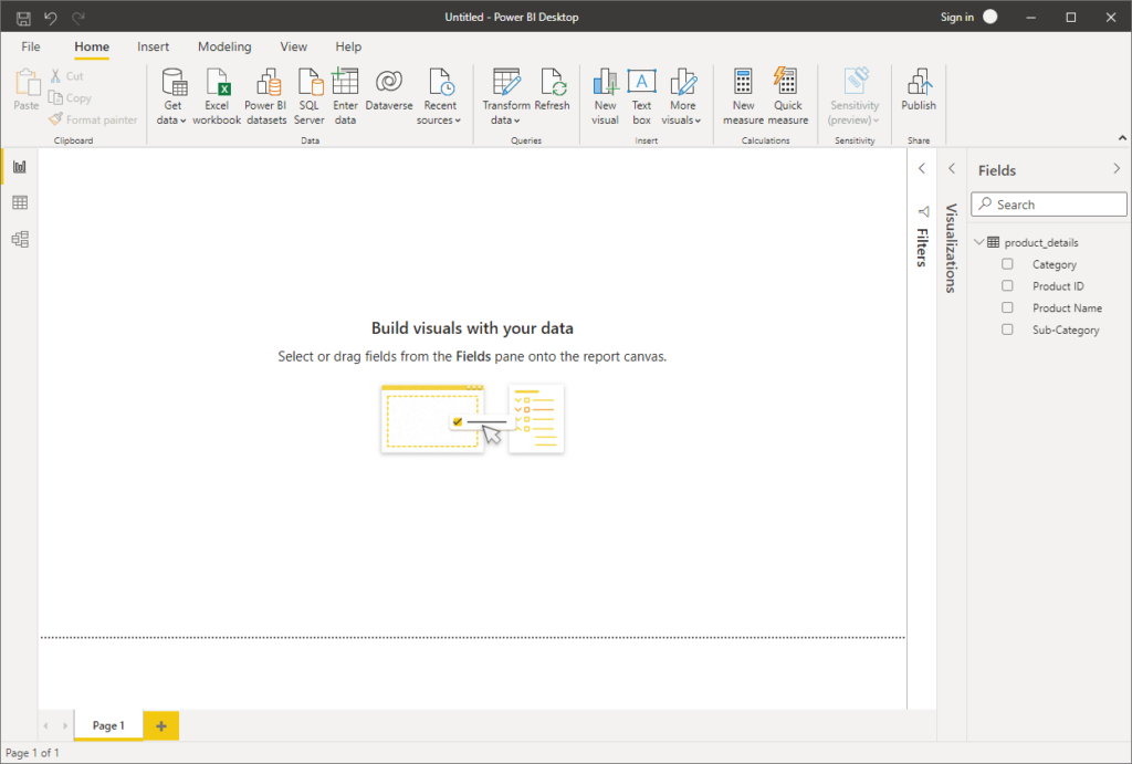 Screenshot of Microsoft Power BI Desktop showing a blank report canvas with a prompt to build visuals by selecting or dragging fields from the Fields pane on the right; ribbon menu is visible at the top.
