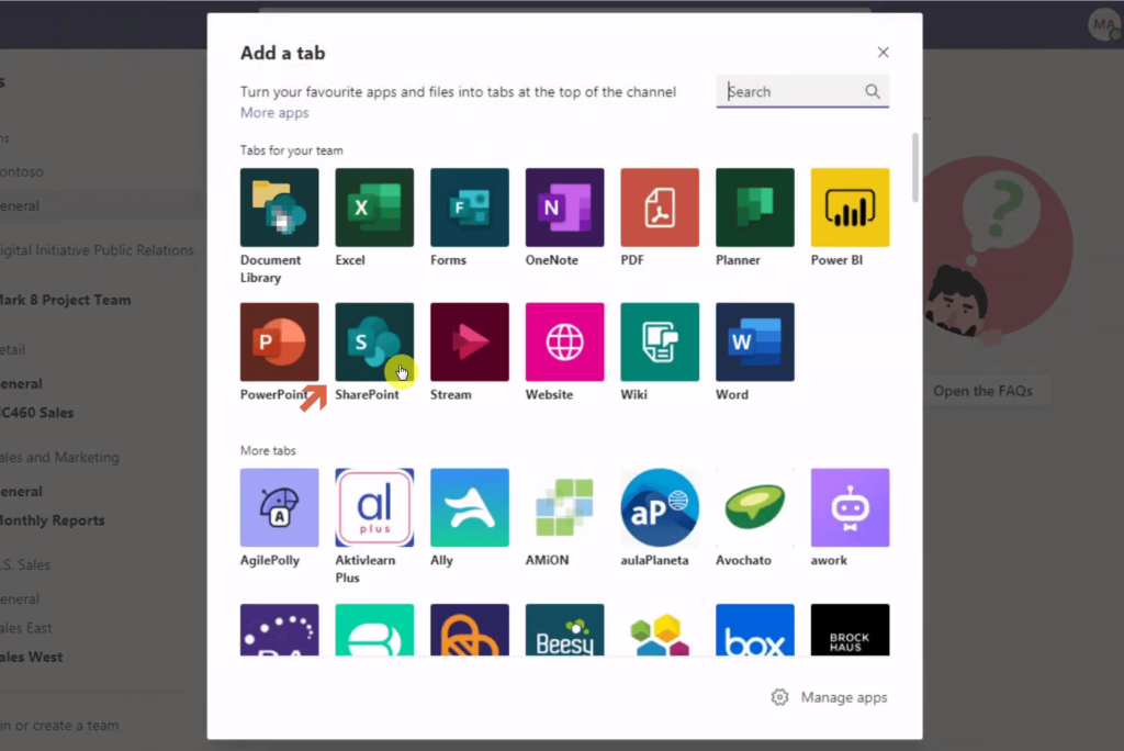 A Microsoft Teams window showing the Add a tab menu with app icons such as Word, Excel, PowerPoint, OneNote, Forms, SharePoint, PDF, Planner, and others available to add as tabs.