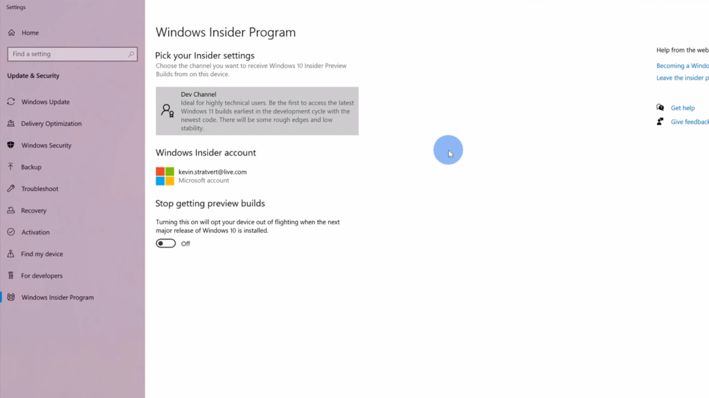 Choose the Dev Channel Insider from the options
