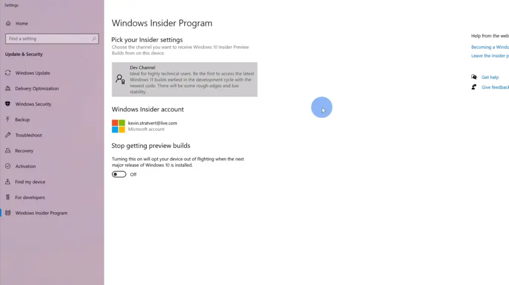 Choose the Dev Channel Insider from the options
