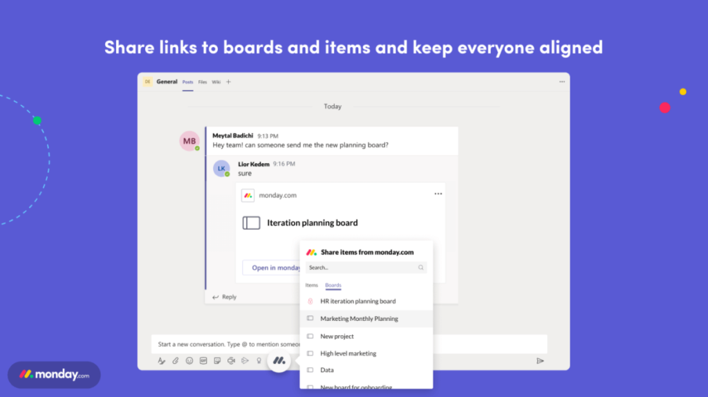 A screenshot shows a Monday.com chat interface where users share a link to an Iteration planning board. A dropdown menu lists different boards to select from. Text at the top reads, Share links to boards and items and keep everyone aligned.