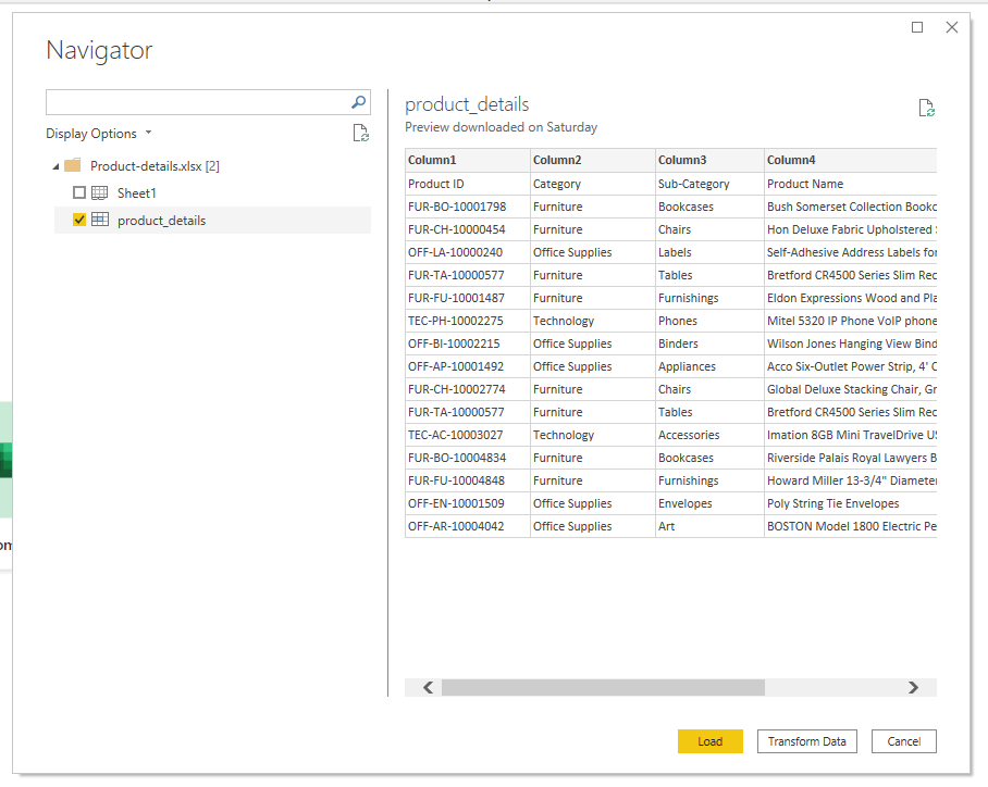 A screenshot of the Navigator window in Power BI showing a preview of the product_details sheet, listing product IDs, categories, sub-categories, and product names in columns. The Load and Transform Data buttons are visible.