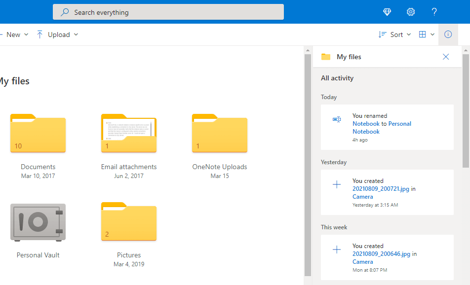 Open the details pane to review all your activities on Microsoft OneDrive