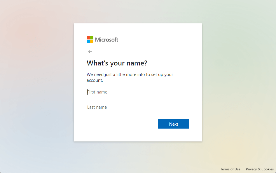 Enter your name, country, and other information asked by Microsoft