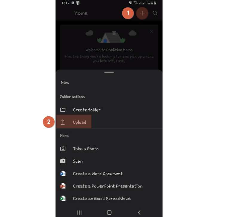 The plus sign is at the upper-right side while the upload button is on the bottom pane