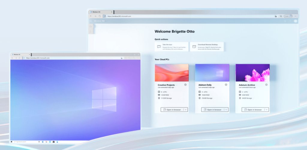 Two computer screens display Microsoft Windows interfaces. The left screen shows the Windows 10 home screen, and the right screen displays a dashboard with a welcome message, quick actions, and four project cards.