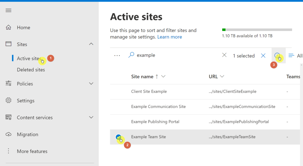 Select a site first and click on the information circle at the menu above