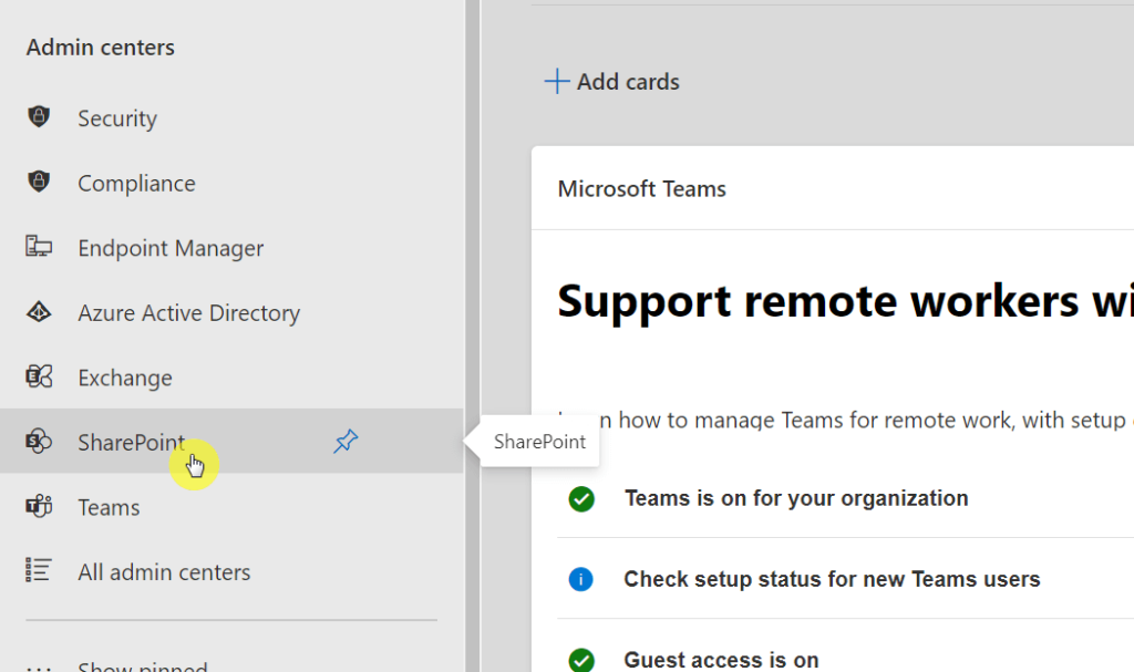 Find SharePoint under the admin centers group