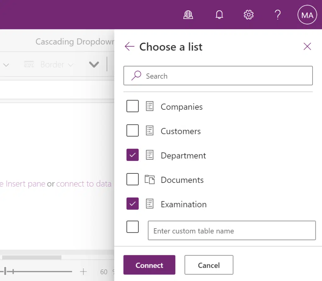 Choose the lists to connect with Power Apps