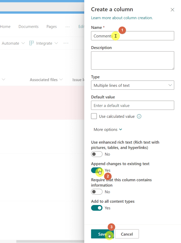 Enable the append changes to existing text option to create a working comments column