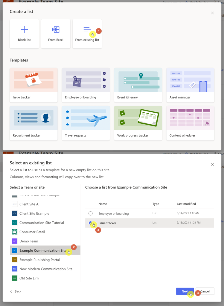 Select the site and list to make a template from