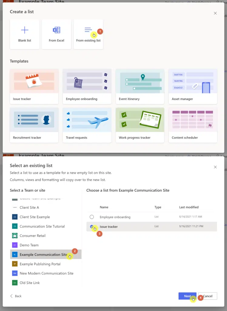 Select the site and list to make a template from