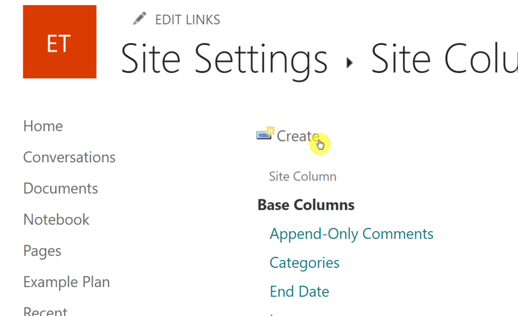 The create link can be found on the upper part of the page