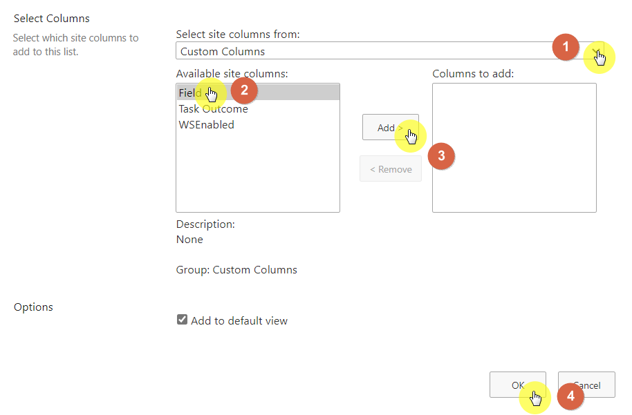 Select from the available site columns first and add them