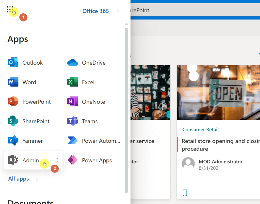 Find the app launcher and click admin