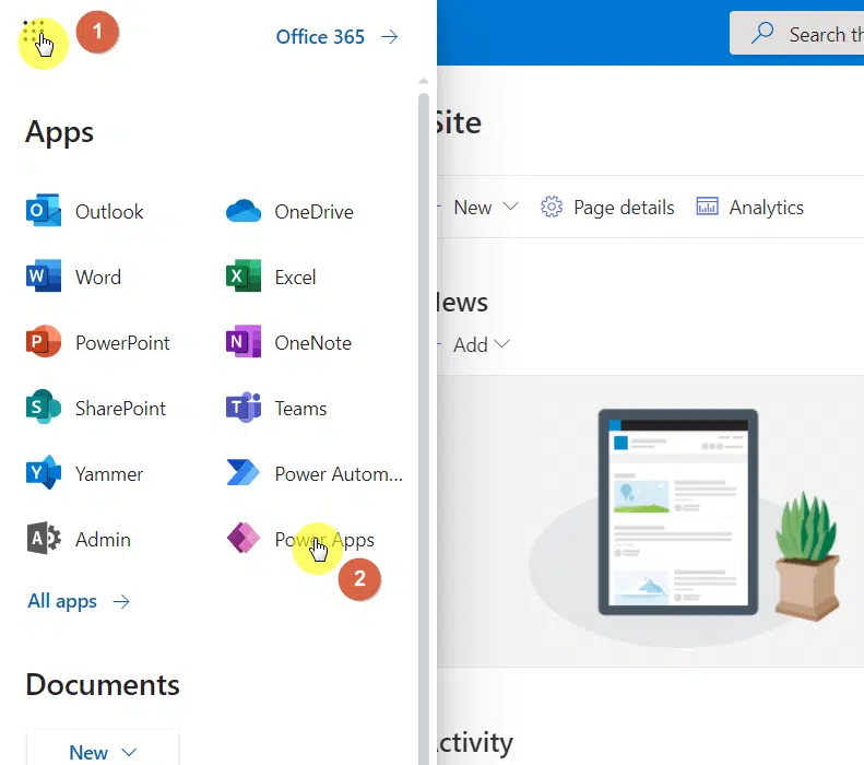 The app launcher can be found on the upper-left corner of the page