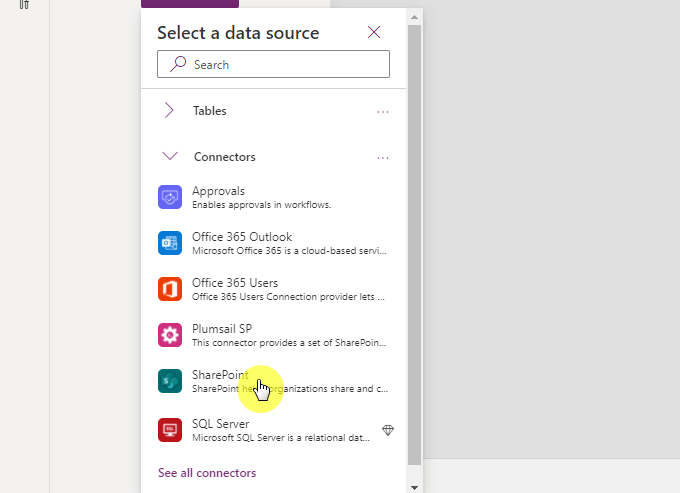 Find the option to select SharePoint as the data source