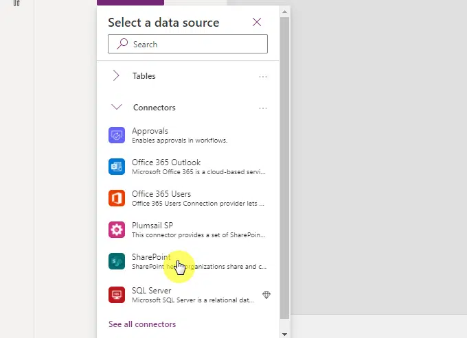 Find the option to select SharePoint as the data source