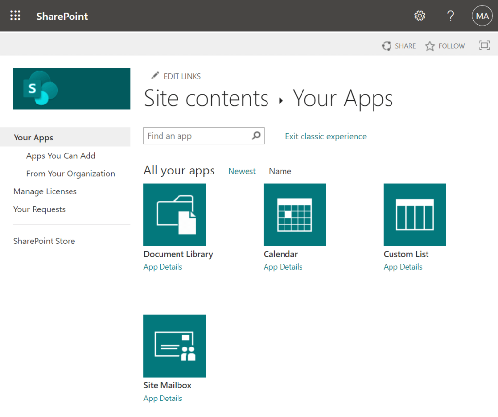 SharePoint apps available in the classic experience