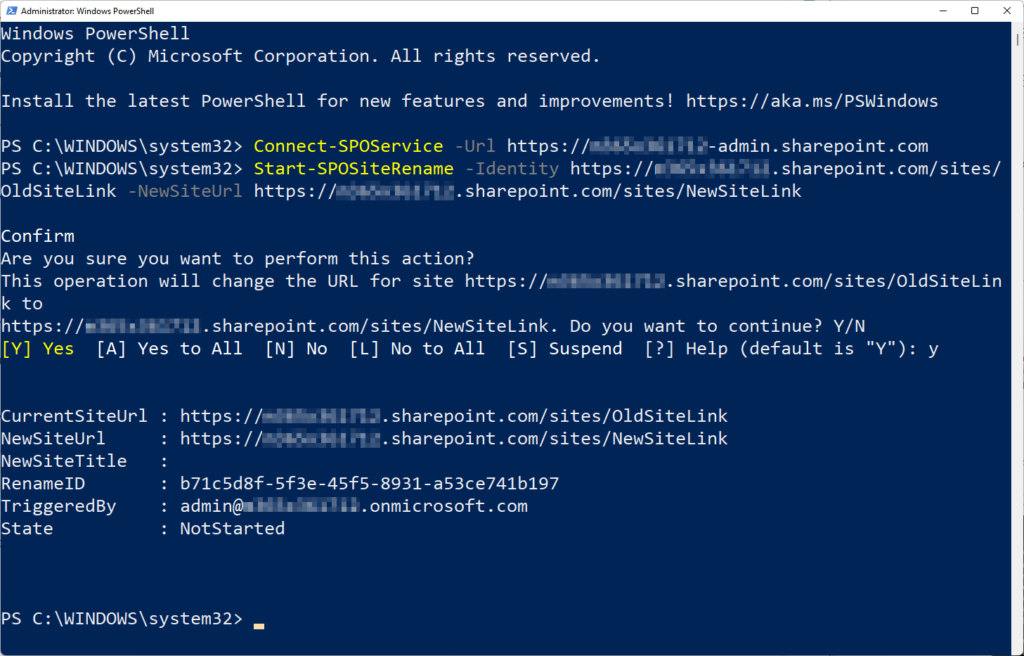 Use the SPOSiteRename cmdlet to change the site url