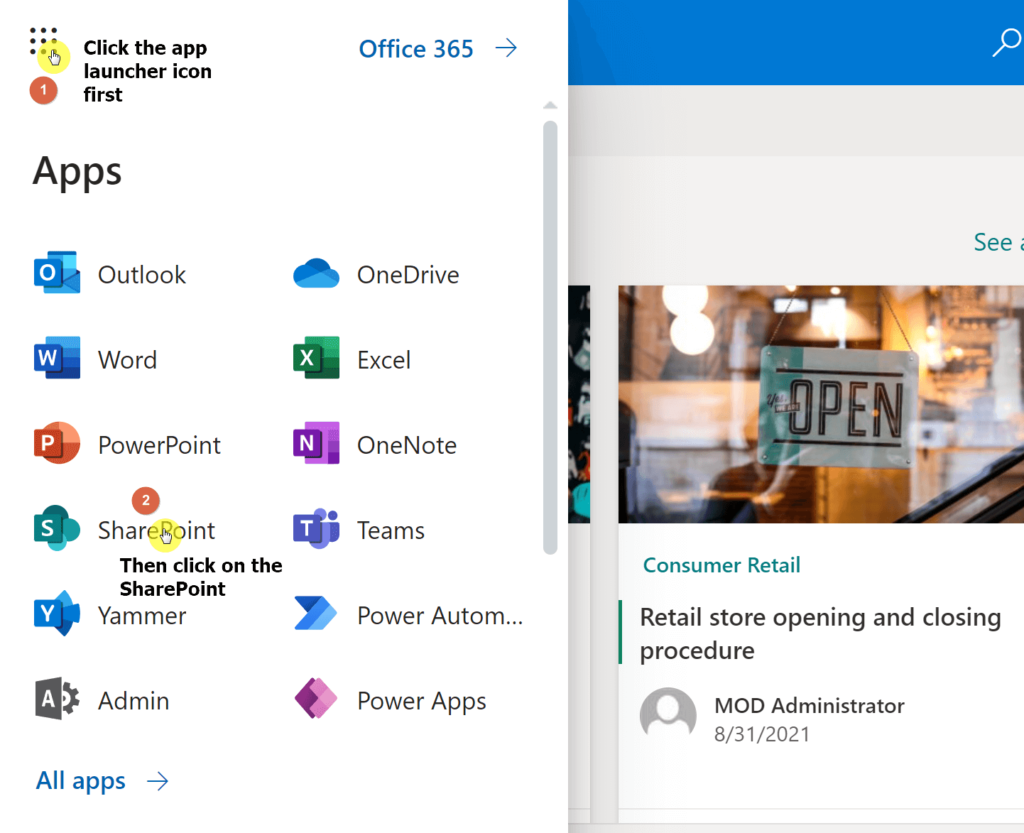 Click the SharePoint button from the app launcher to get to the start page