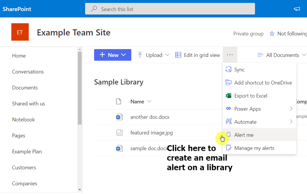 Check the command bar of the library for the alert me option