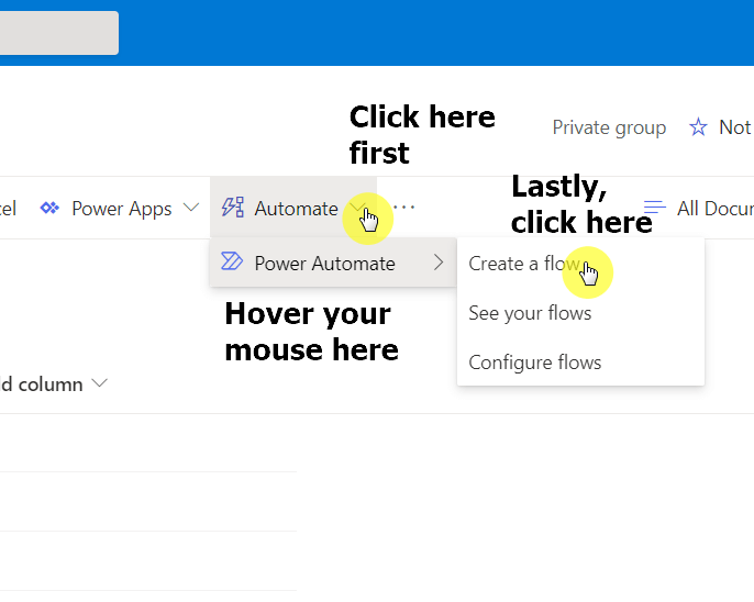 When you click the automate button on the command bar, you will the options to create a flow under the power automate section