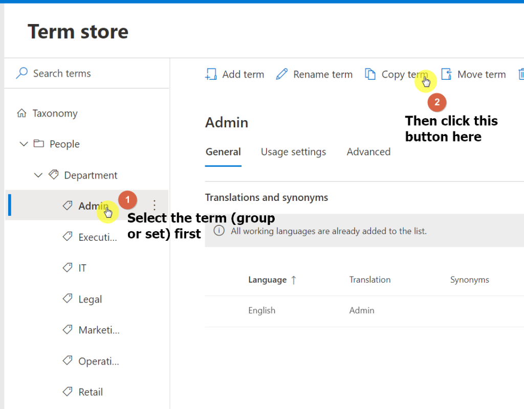 Click the copy term button to make a copy of the term