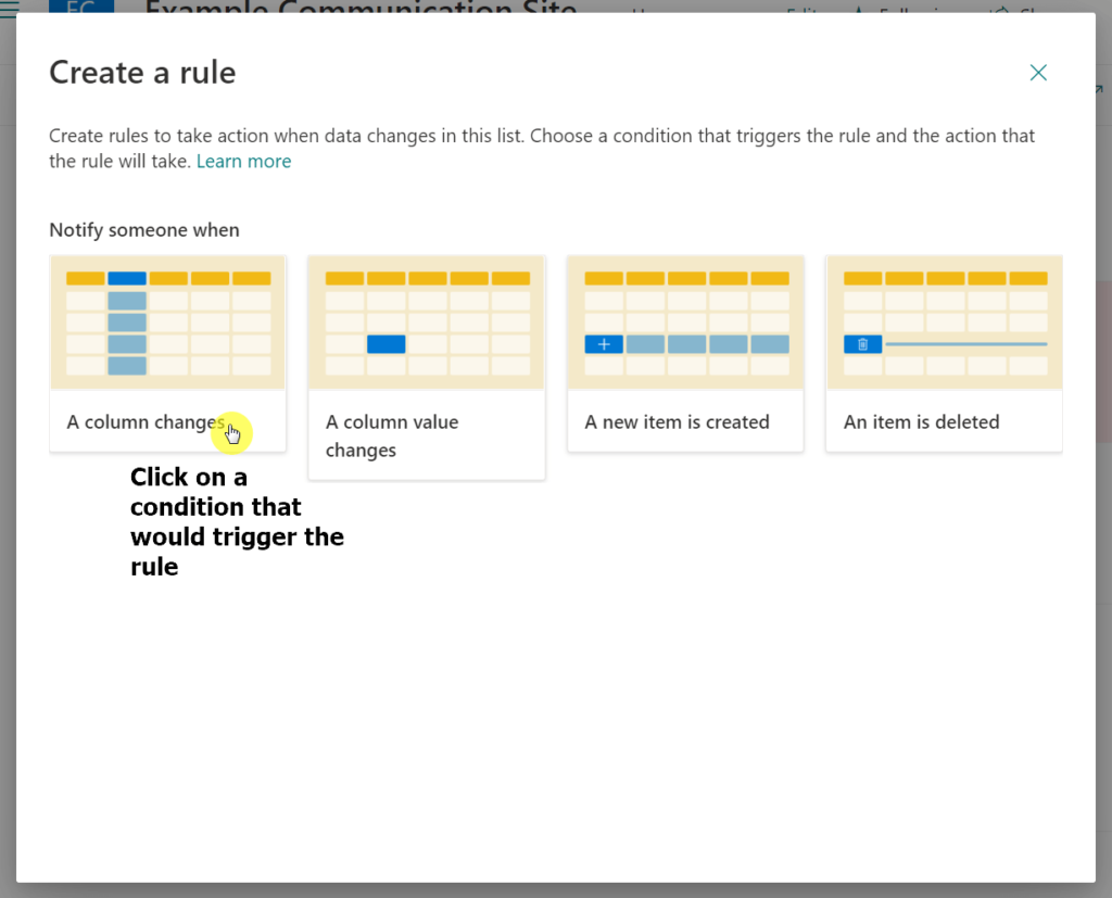 Click on a specific condition to start the rule