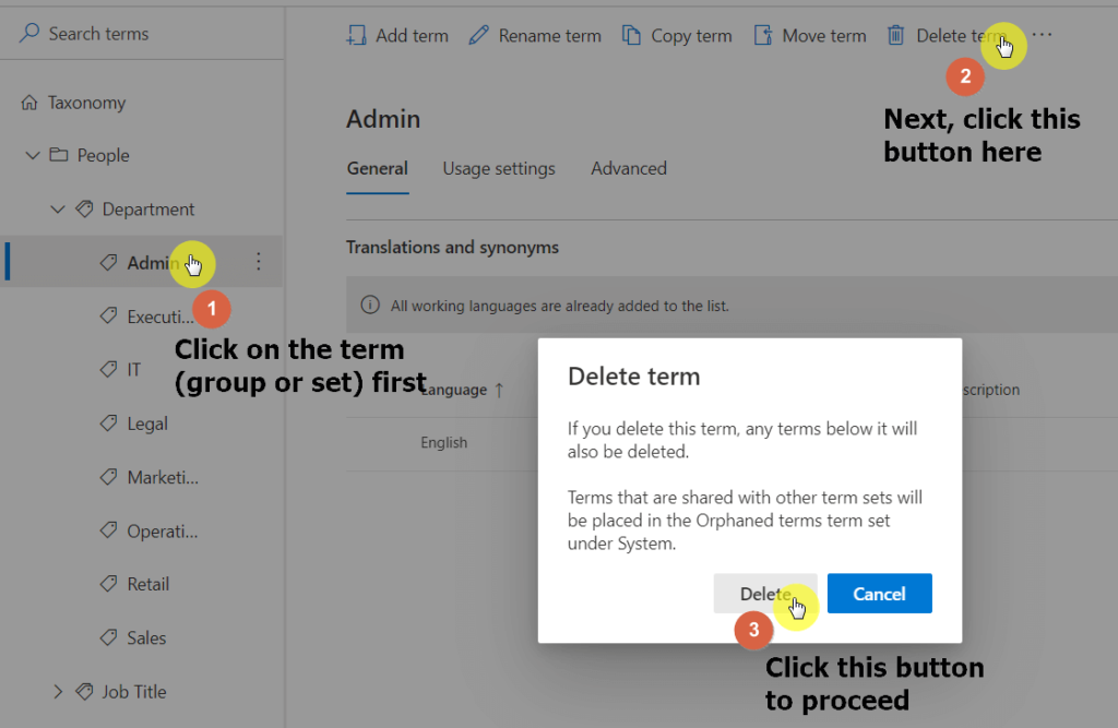 Click the delete term button to remove the term from the term store