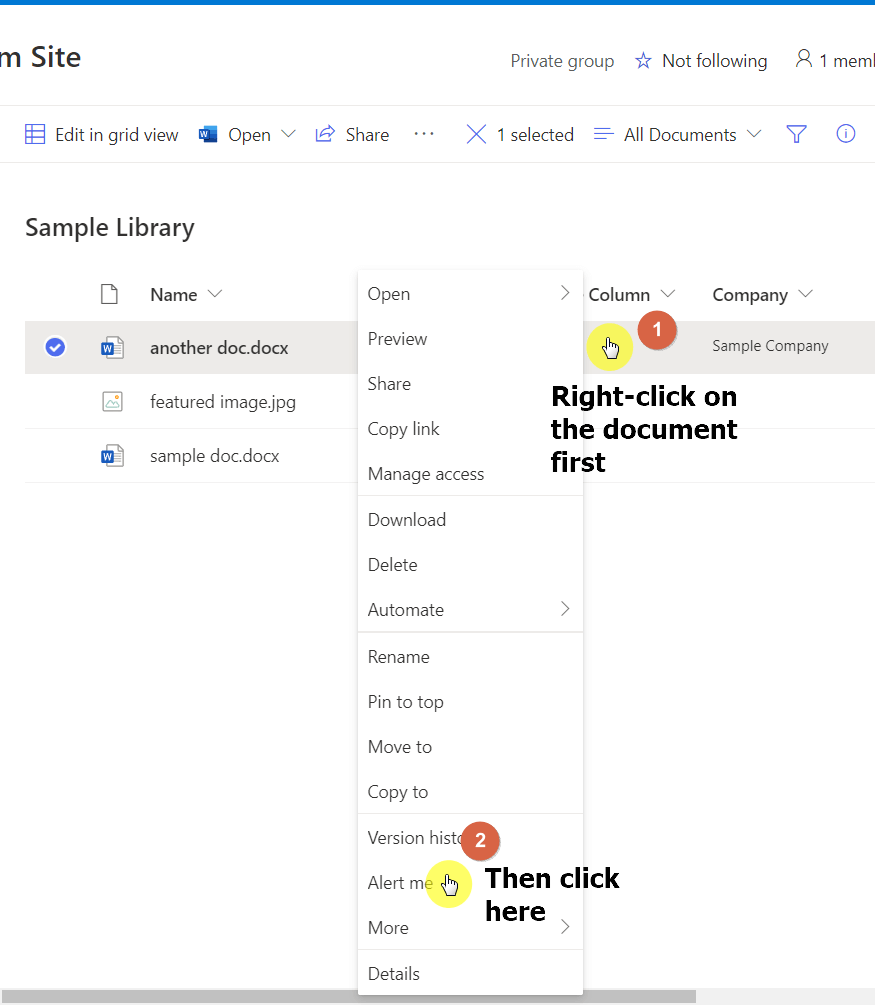 Right-click a file on a library and select the alert me option