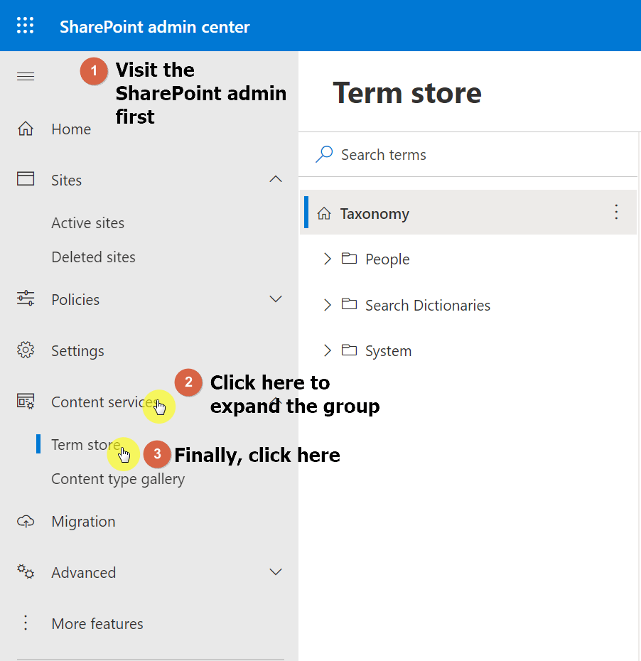 The SharePoint term store can be found in the SharePoint admin center