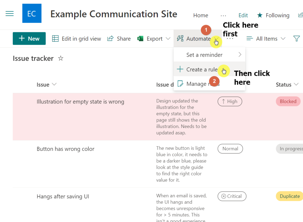 Find the create a rule option on the command bar