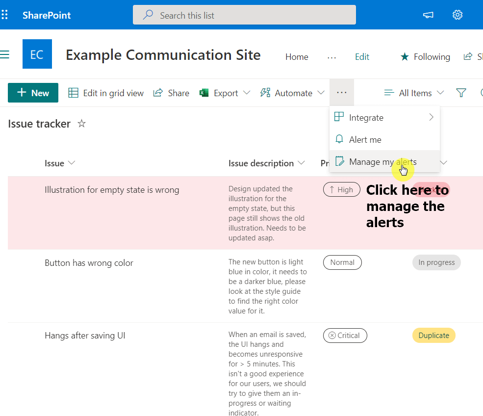 On the command bar, click the manage my alerts option