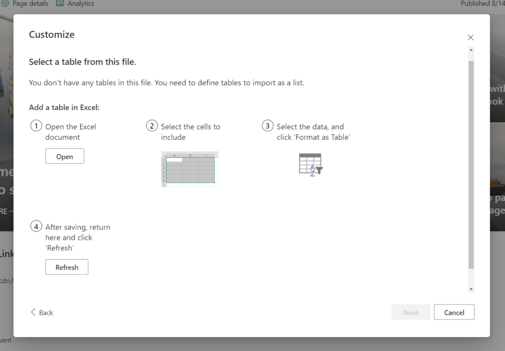 SharePoint will let you know you don't have a defined table in the file