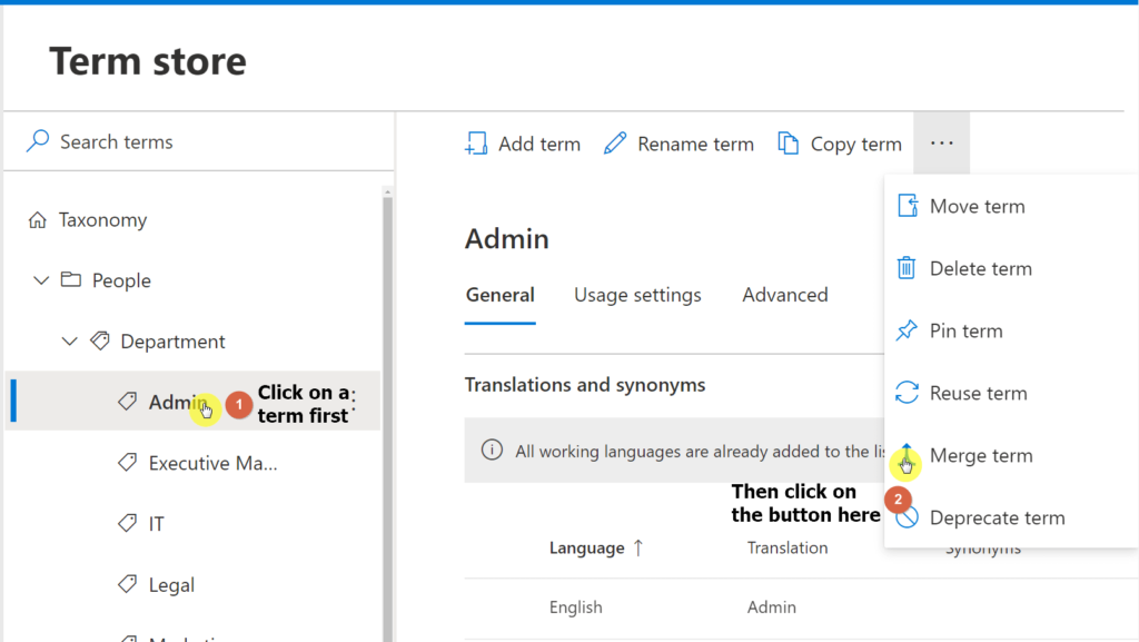 Confirm the term deletion from clicking on its button