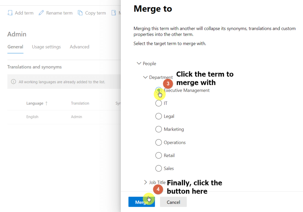 Click the merge term button to merge it with another term